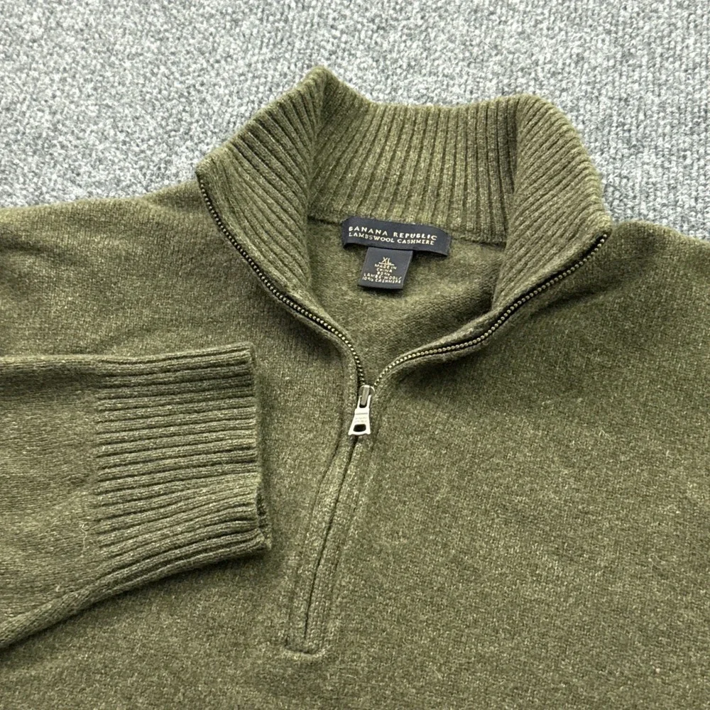 Banana Republic Quarter Zip Sweater Mens XL Olive Green Lambswool Cashmere Knit